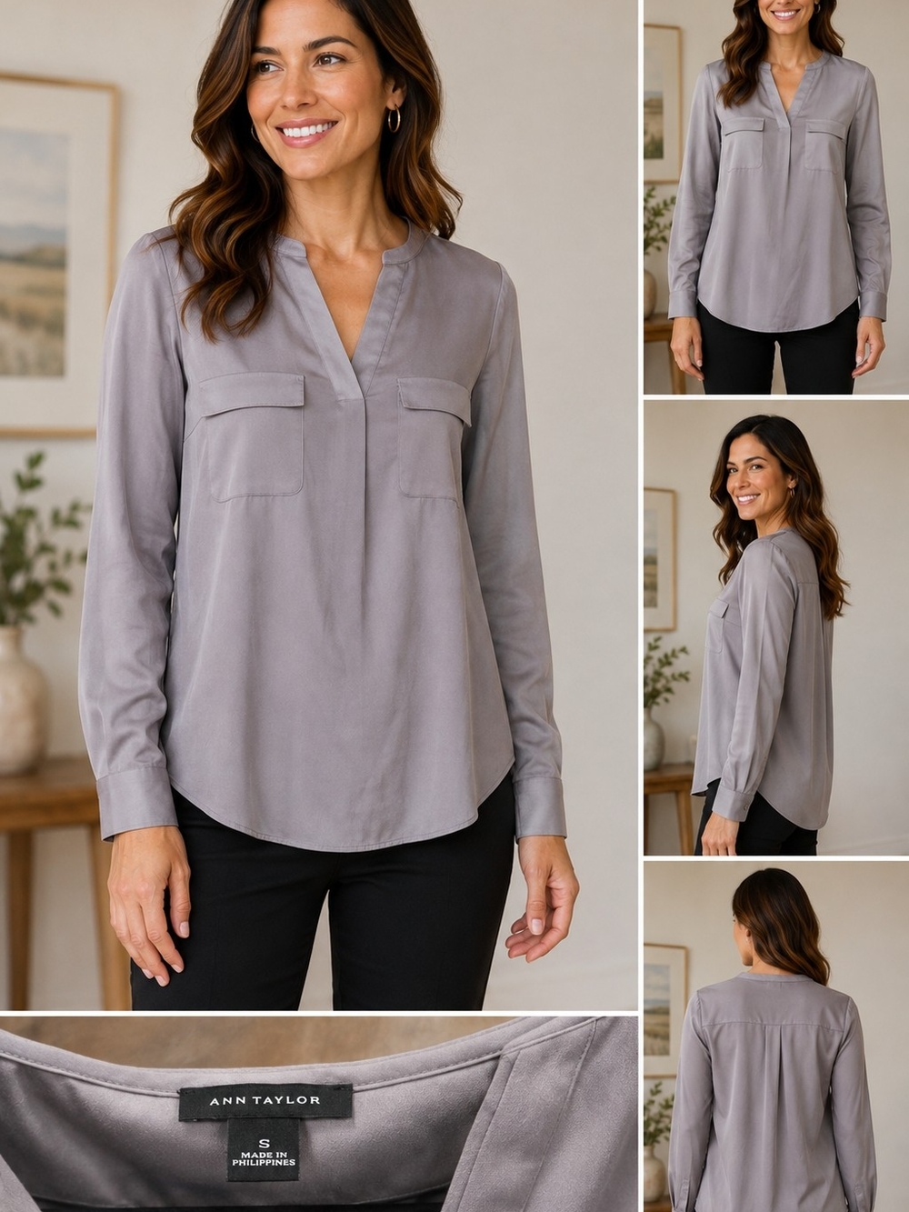 Ann Taylor Gray Split V-Neck Long Sleeve Blouse